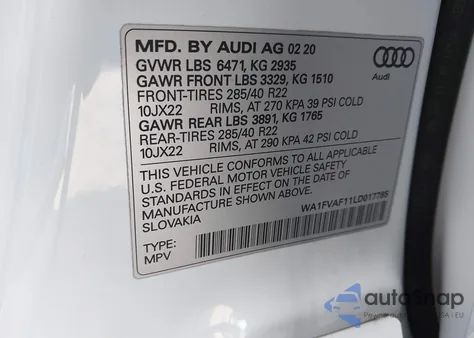 2020 Audi Q8 Prestige 55 Tfsi Quattro Tiptronic z USA, uszkodzony, nr VIN WA1FVAF11LD017785